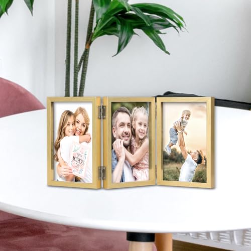 WUTL 3 Picture Frame Triple Collage 4x6 Frames with Real Glass Golden | Trifold Photo Frame, Hinged Foldable, Crystal Clear Real Glass - color: Gold, size: 4x6