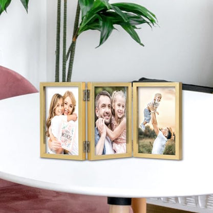 WUTL 3 Picture Frame Triple Collage 4x6 Frames with Real Glass Golden | Trifold Photo Frame, Hinged Foldable, Crystal Clear Real Glass - color: Gold, size: 4x6