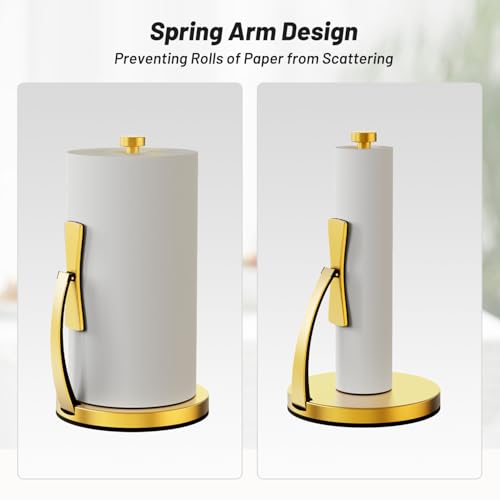 VEHHE Gold Paper Towel Holder Countertop, One-Handed Tear, Stainless Steel, Stand Paper Towel Holder with Spring Activated Arm & Non Slip Weighted Base, for Kitchen Bathroom - color: Gold, size: Eva Pad Base