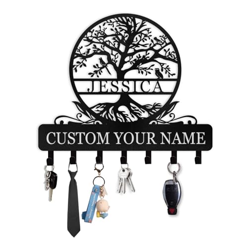 Personalized Metal Key Holder for Wall | Custom Name Key Holder Wall Mount | Metal Key Hooks with Tree Design | Key Organizer Wall Decorative | Key Hanger for Hallway Bedroom | Housewarming Gifts - color: 07 Tree