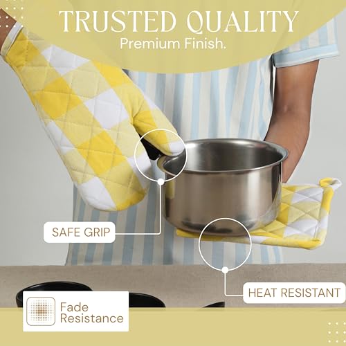 Buffalo Plaid Check Oven Mitts and Pot Holders Set, 100% Cotton, Heat Resistant, 2 Oven Gloves 7x13 Inches and 2 Hot Pads 8x8 Inches for Cooking and Baking, Lemon Yellow White - color: Lemon Yellow, Buffalo Plaid