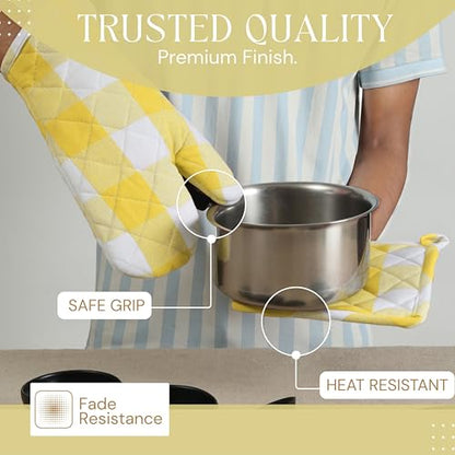 Buffalo Plaid Check Oven Mitts and Pot Holders Set, 100% Cotton, Heat Resistant, 2 Oven Gloves 7x13 Inches and 2 Hot Pads 8x8 Inches for Cooking and Baking, Lemon Yellow White - color: Lemon Yellow, Buffalo Plaid