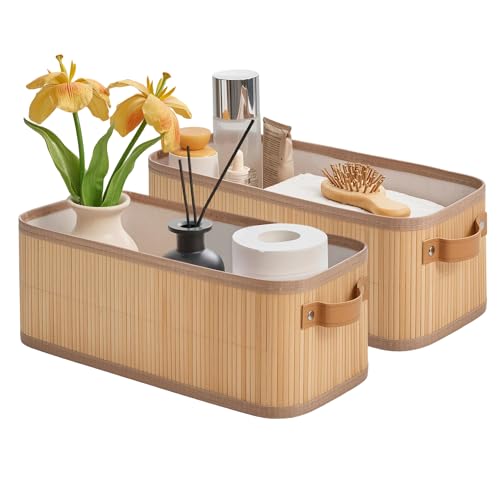 Narrow Storage Bins, Small Basket for Closet and Shelves, Bamboo Toilet Paper Storage Organizer with Handles for Countertop-Bathroom-Home Decor, 2-Pack