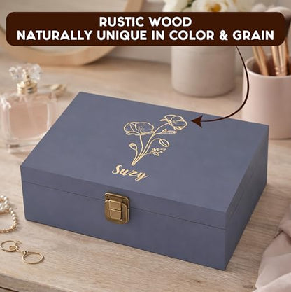 Personalized Birth Flower Memory Box – Custom Engraved Wooden Keepsake Chest with Floral Design | Jewelry, Photos & Memento Storage Box | Personalized Mother’s Day Gift for Mom & Women - style: 7. Birth Flower