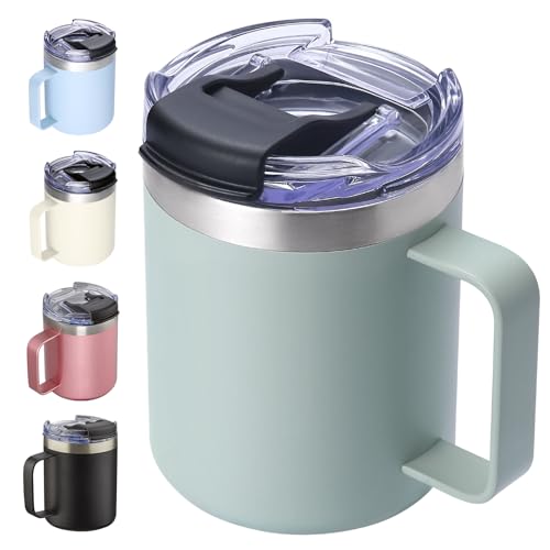 12oz Insulated Travel Coffee Mug with Handle, Sage | Stainless Steel Coffee Tumbler with Lid, Double Wall Vacuum Thermal Cup for Camping - color: Sage, size: 1 Count (Pack of 1)