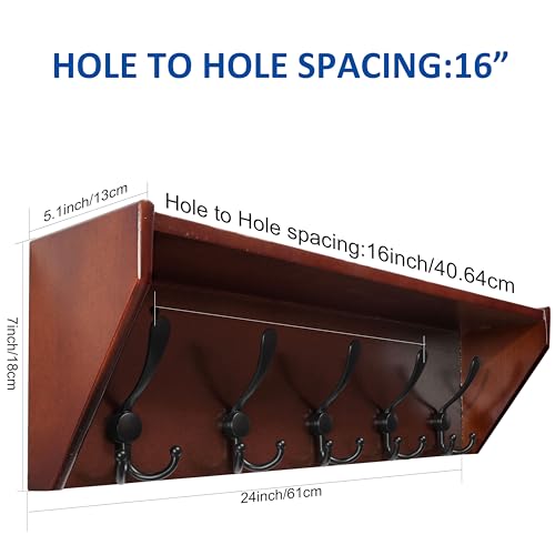 WEBI Coat Rack Wall Mount with Shelf,24" Long Wall Shelf with Hooks Underneath,5 Triple Hooks for Entryway,Hallway,Bedroom,Cherry - color: Cherry, size: 24 Inch