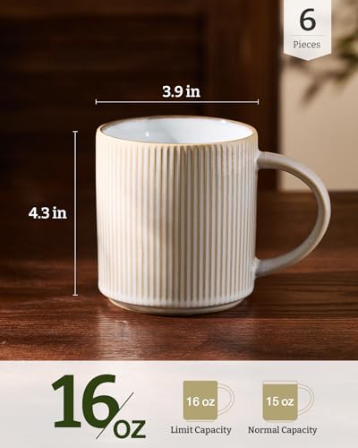 famiware Coffee Mug Set of 6, Star 16 oz Large Mugs Cup Set with Handle | Ceramic Mug for Coffee, Latte, Tea, Stackable Drinkware Set, Microwave & Dishwasher Safe, Cappuccino White - color: Cappuccino White, size: 6 Count (Pack of 1)