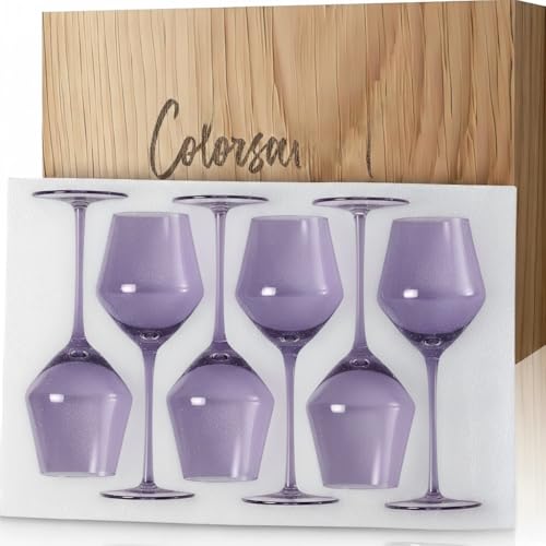Hand Blown Lavender Purple Wine Glasses Set of 6 – 16oz Tulip Lead-Free Crystal Stemware – Elegant Soft Purple Colored Glassware for Dinner Parties, Weddings & Gifts - color: Lavender