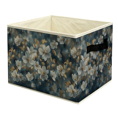 Vintage White Magnolia Floral Storage Basket Bin with Handles, Cottagecore Elegant Blue and Gold Flower Collapsible Fabric Storage Organizer for Shelves Closet Clothes Toys - color: colour 10