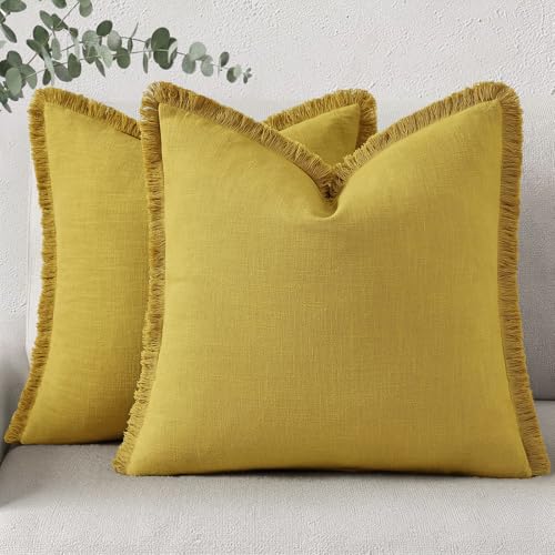 decorUhome Linen Fringe Mustard Yellow Throw Pillow Covers 16x16 Set of 2 | Decorative Soft Accent Modern Boho Farmhouse Cushion Covers with Tassels Cotton Pillow Covers for Couch Bed Sofa - color: Mustard Yellow, size: 16" x 16" (Pack of 2)