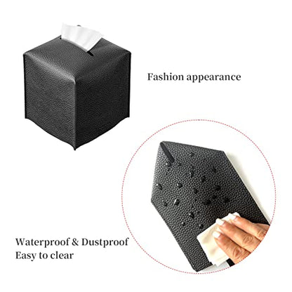 REGELETO Square Tissue Box Cover, Pu Leather Tissue Box Holder with Bottom Belt Modern Stylish Tissue Box Organizer for Bathroom, Bedroom, Hotel, Office Desk 5"X5"X5" (Black) - color: Single Black