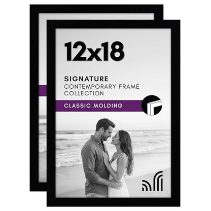 Americanflat 12x18 Poster Frame with Shatter-Resistant Glass - Set of 2 - Signature Collection - Gallery-Style Frames Made of Engineered Wood - Picture Frames for Wall Display - Black | Shatter-resistant glass, hangs vertical or horizontal, sawtooth hange