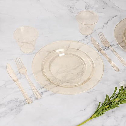 350 Piece Gold Glitter Plastic Dinnerware Set for 50 Guests | Disposable Dinnerware Includes: 50 Dinner Plates, 50 Dessert Plates, 50 Rolled Napkins with Silverware, 50 Cups - color: Gold Glitter, style: 350 Piece (50 guests)