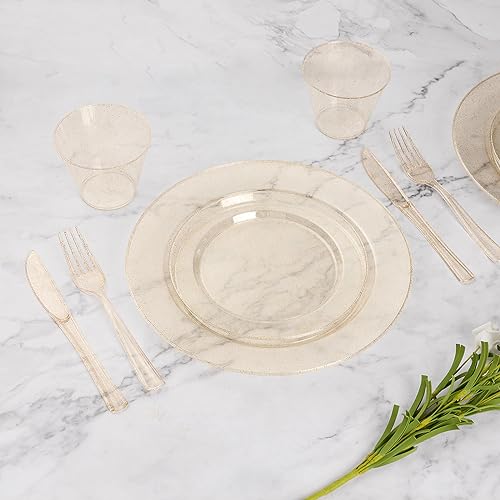 175 Piece Gold Glitter Plastic Dinnerware Set for 25 Guests | Disposable Dinnerware Includes: 25 Dinner Plates, 25 Dessert Plates, 25 Pre Rolled Napkins with Silverware, 25 Cups - color: Gold Glitter, style: 175 Piece (25 guests)