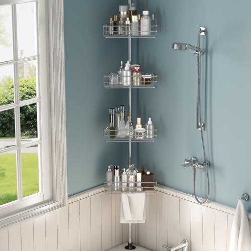 Garvee Corner Shower Caddy Tension Pole, 76 in-110 in Adjustable Bathroom Organizer Shelves, 4-Tier Rustproof Bathroom Shelves with Built-In Towel Bars to Space-Saving, Silver | Adjustable Bathroom Shelf Organizer, Rust-Resistant Floor to Ceiling Storage