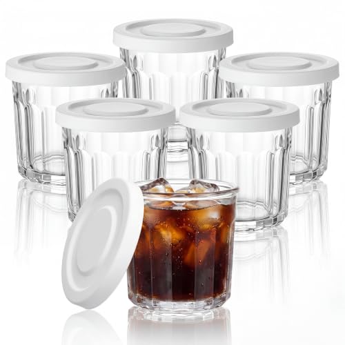 Suclain Glass Cups with Lids Set of 6, 13.5 oz Thick Drinking Glasses, Heavy Duty Tumblers with Leak Proof Lids, Clear Glassware for Cold Drinks, Iced Coffee (White) - color: White
