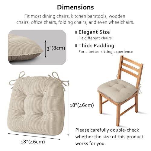 ELFJOY Dining Chair Cushions Set of 2 Non Slip 18"X18"X3" Beige | Thick,Textured Fabric, with Ties, Tufted, Large, for Kitchen, Dining Room, Indoor, Bedroom, Living Room, Office, Comfortable - color: Beige