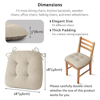 ELFJOY Dining Chair Cushions Set of 2 Non Slip 18"X18"X3" Beige | Thick,Textured Fabric, with Ties, Tufted, Large, for Kitchen, Dining Room, Indoor, Bedroom, Living Room, Office, Comfortable - color: Beige