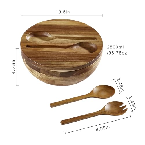 JOYMAY Salad Bowls Wood Salad Bowl Set with Lid Acacia Wood Serving Bowl for Fruits or Salads 10.5" Large Serving Bowl with Serving Utensils, 4 Piece Wooden Mixing Bowl Set for Kitchen, Picnic - color: 10.5in wood salad bowl