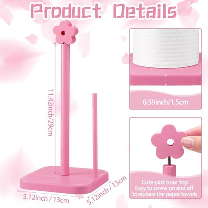 Leinuosen Pink Flower Paper Towel Holder Coquettish Cute Flower Wooden Paper Towel Holder Pink Bathroom Countertop Accessories Kitchen Roll Stand Organizer Standing Apartment Decor Housewarming Gift - style: Flower