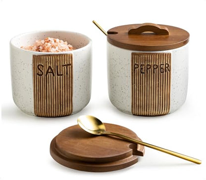 Salt and Pepper Bowls Ceramic, 10 OZ Salt and Pepper Container | Salt and Pepper Cellar wiht Lid & Spoon, Salt Containers for Countertop, Easy Access, Rustic Woodgrain Embossed Design, White - color: White, size: Set of 2