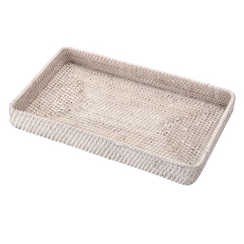 Hipiwe Rattan Basket Serving Tray X-Large Decorative Woven Trays, 14.8"x9" | Wicker Storage Tray for Organizing Bread Fruit Basket, Rectangular Desktop Organizer for Kitchen Bathroom, Whitewash - color: Whitewash, size: 14.8" x 9" x 1.8"