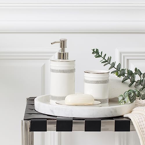 Bathroom Accessories Set, 4-Piece Ceramic Bath Accessory Complete Set with Lotion Dispenser/Soap Pump, Tumbler, Soap Dish and Toothbrush Holder (Rhinestones, White)