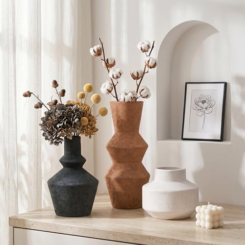 DREAMLOOM Modern Modern Ceramic Vase Set of 3, Rust | Funnel Shaped, Farmhouse Rustic, Pampas Grass, Home Decor, Living Room Bedroom Kitchen Shelf Centerpiece - color: Rust Red Combo - Funnel-shaped