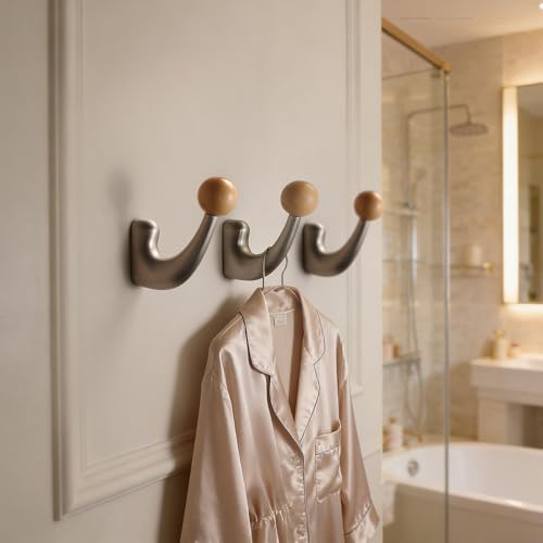 wall-Mounted Light Luxury Coat Hooks, Used for Hanging Coats, Hats, Scarves and Towels, Suitable for Entrance Halls, bathrooms and bedrooms (2, 7110Nickel Brushed Finish + Beech Wood) - color: 7110Nickel brushed finish + beech wood