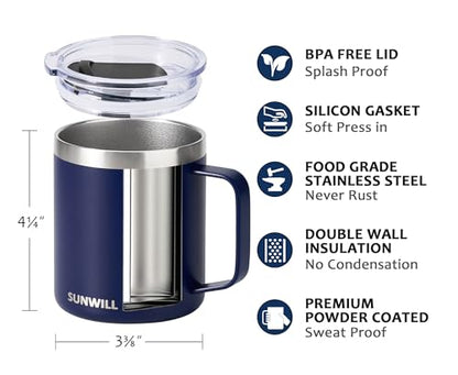 SUNWILL Insulated Coffee Mug, Stainless Steel 14 oz, Splash-Proof Lid | Keeps Drinks Hot & Cold, Powder-Coated Navy Blue Finish, Dishwasher Safe, Ideal for Home & Office - color: Powder Coated Navy Blue