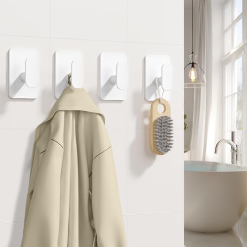 Large Heavy Duty Wall Hooks - 26lb Max, Stainless Steel Adhesive Towel Hooks for Hanging Towel, Coat, Robe, Hat, Sticky Towel Holder for Wall Mount in Bathroom, Shower, Kitchen (White, 4 Pack) - color: White