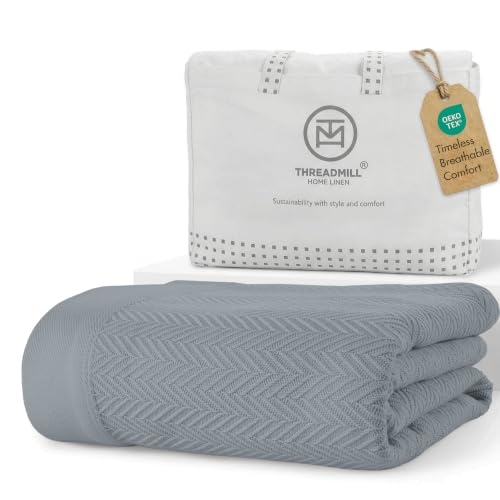 Threadmill Cotton King Blanket, Herringbone, Scottish Grey, 106x92 in | 100% Cotton, Herringbone Pattern, 350 GSM, 106x92 in, Breathable, Moisture-Wicking, All-Season, OEKO-TEX Certified - color: Scottish Grey, size: King (106" x 92")