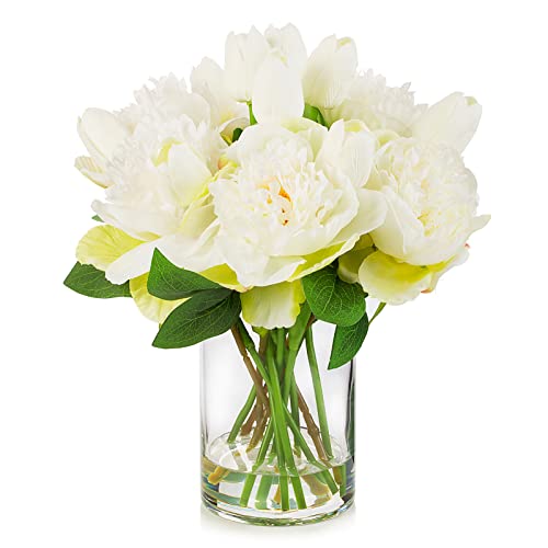 Artificial Flower Arrangement with Vase, Faux Flower in Vase, Mixed Artificial Real Touch Tulip and Fake Silk Peony Flower in Vase for Decoration Home Office(Cream) - color: T& Peony Cream