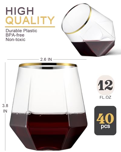 40 Pack Plastic Wine Glasses, 12 Oz Disposable Cocktail Whiskey Glasses | Gold Rimmed Diamond Stemless Champagne Margarita Glasses, Clear Unbreakable Reusable Plastic Cups for Party Wedding Birthday - color: Gold Rim-40 Pack