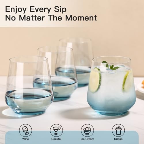 JOVGANK Blue Stemless Wine Glasses Set of 6 - Hand Blown White Red Stemless Wine Glass - 17 oz, [Lead-Free Crystal Glass] Large Short Glass Tumblers, Housewarming Gifts and Mother's Day Gift - color: Blue