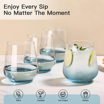 JOVGANK Blue Stemless Wine Glasses Set of 6 - Hand Blown White Red Stemless Wine Glass - 17 oz, [Lead-Free Crystal Glass] Large Short Glass Tumblers, Housewarming Gifts and Mother's Day Gift - color: Blue