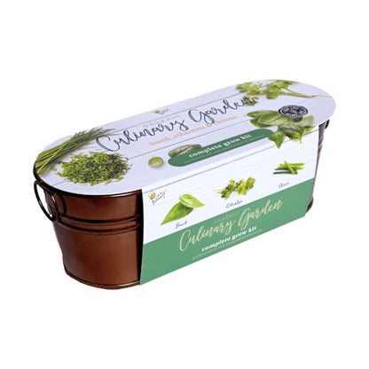 Buzzy Seeds Organic Windowsill Herb Kit - Metal Windowsill Planter - Complete Indoor Gardening Kit with Seeds, Coconut Husk Growing Medium & Genuine Pots - 100% Grow Guarantee - color: Culinary Garden