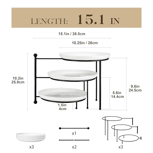 MALACASA Round 3 Tier Serving Tray, 10 Inch White Porcelain Dessert Stand | Round White Porcelain Trays with Black Metal Rack for Cupcakes, Cakes, Fruit and Appetizers, Removable, Dishwasher Safe - color: White