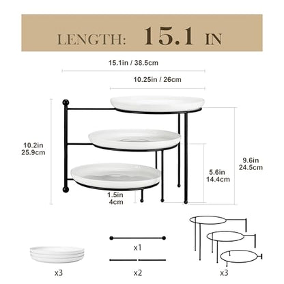 MALACASA Round 3 Tier Serving Tray, 10 Inch White Porcelain Dessert Stand | Round White Porcelain Trays with Black Metal Rack for Cupcakes, Cakes, Fruit and Appetizers, Removable, Dishwasher Safe - color: White