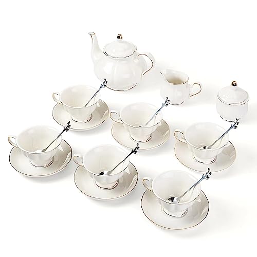 CHENP.HMC Tea Set 22-Piece Porcelain Ceramic Coffee Tea Gift Sets Cups Saucer Service for 6 Teapot Sugar Bowl Creamer Pitcher and Teaspoons (White) - color: White