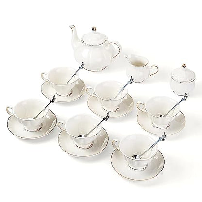 CHENP.HMC Tea Set 22-Piece Porcelain Ceramic Coffee Tea Gift Sets Cups Saucer Service for 6 Teapot Sugar Bowl Creamer Pitcher and Teaspoons (White) - color: White