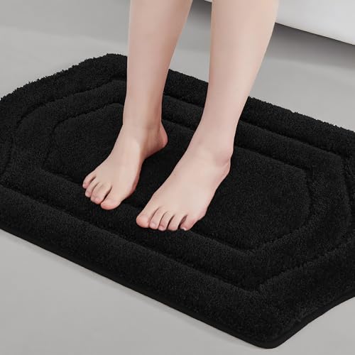 COSY HOMEER Non-Slip Bath Mat Extra Thick Absorbent Plush Washable | 17"x27" Black Non-Slip Extra Thick Plush Absorbent Machine Washable Bath Mat Bathroom Rug Floor Tub Shower - color: Black, size: 1'5" x 2'3" (Oval)