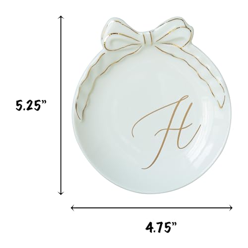 COLLECTIVE HOME Ceramic Jewelry Tray, Monogram Trinket Dish with Bow (H) | Mothers Day Graduation Christmas Birthday Gifts for Women, Bridesmaid Proposal Gifts, Features Real Gold Trim & Gift Box - color: H