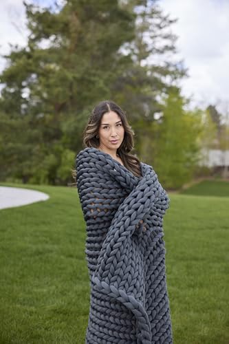 Chunky Knit Blanket - Breathable, Cooling, Hand Made Knit Throw Blanket for Sleep - Machine Washable, Stylish Decor Design (Dusty Blue, Throw | 12lbs | 44"x60") | Soft jersey-knit Dusty Blue shell, 100% recycled hypoallergenic fill. Cooling weighted blank
