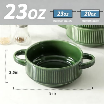 Soup Bowls with Handles, 23 oz French Onion Soup Crocks, Stackable Soup Bowl Oven Safe for Chili, Beef Stew, Embossment Ceramic Bowl Set - 5.4 Inch, Set of 4 (Green) - color: Green