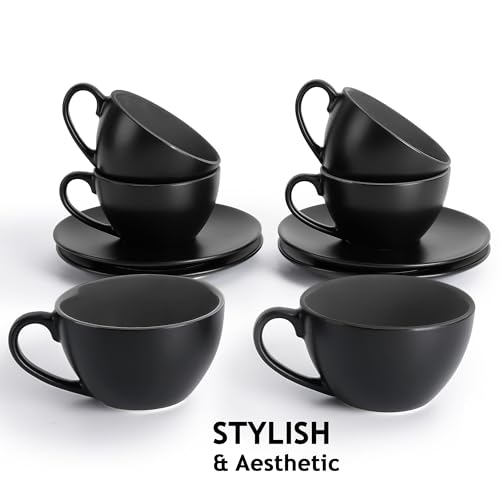MIAMIO - Set of 6, Ceramic Stackable Cappuccino Cups Set / 6 Ounce Cappuccino Mugs and Saucer with Metal Stand for Coffee Drinks, Cafe, Latte, Americano and Tea - Le Papillon Collection (Black) - color: Black