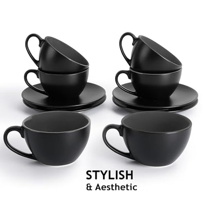 MIAMIO - Set of 6, Ceramic Stackable Cappuccino Cups Set / 6 Ounce Cappuccino Mugs and Saucer with Metal Stand for Coffee Drinks, Cafe, Latte, Americano and Tea - Le Papillon Collection (Black) - color: Black
