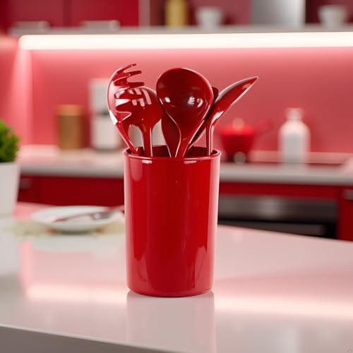 Reston Lloyd 6 Piece Kitchen Utensil Holder for Kitchen Counter, Utensils Crock with Heat Resistant Spoon, Slotted Spoon, Ladle, Spatula BPA Free, Red - color: Red, size: Utensil Holder Set