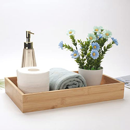 3 Pcs Bamboo Bathroom Tray, Flat Wood Basket Tray, Wooden Shallow Storage Basket, Bamboo Organizer for Bathroom, Living Room, Kitchen Countertop