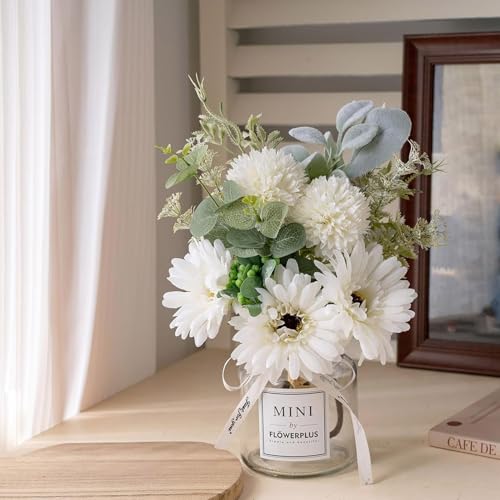LADADA White Artificial Daisy Flower Set Glass Vase Table Centerpiece Home Decor - color: Milky White